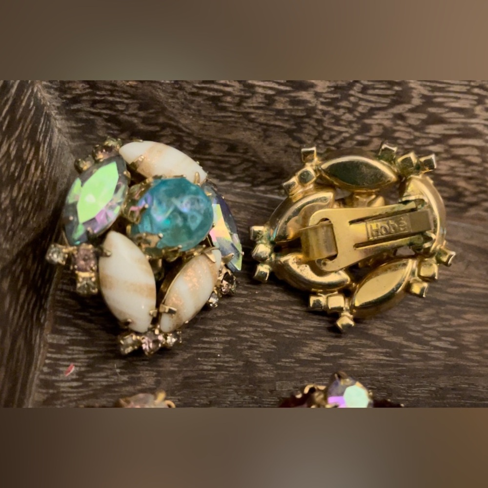 True Vintage HOBE Earrings Aqua Center, Mermaid+Gold-Stippled MilkGlass Marquis
